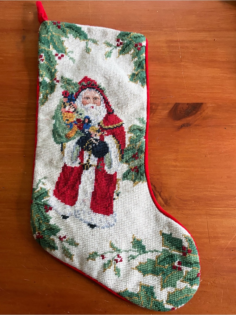 Vintage Needlepoint Christmas Stocking Santa Toys 11x18 Wool Handmade Heirloom
